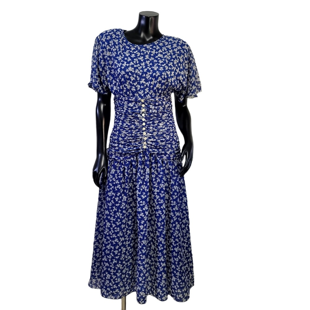 Vintage Anthony Norman Collection Blue‎ Floral Ruched Midi Dress Size 6 Garden
